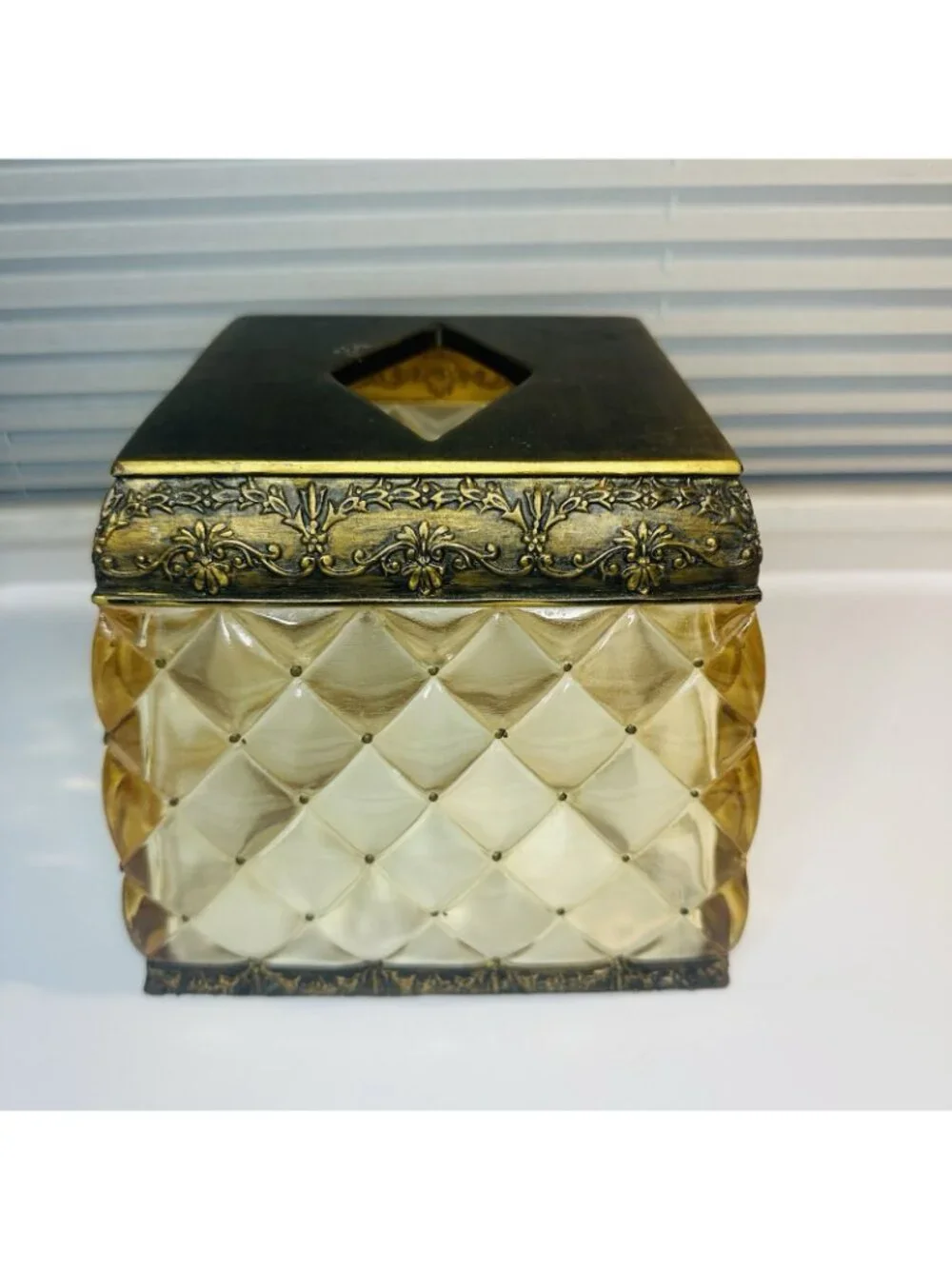 Vintage Amber Heavy Lucite Acrylic Square Tissue Box Holder Gold Ornate Regency